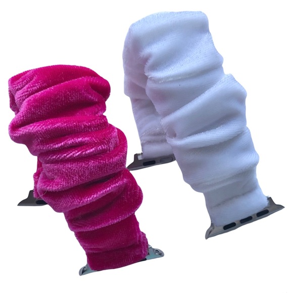 NEW 2 VELVET Scrunchies Bands Apple Watch 42/44/45mm L Pink White Elastic - Picture 2 of 8